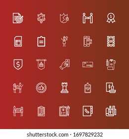 Editable 25 check icons for web and mobile. Set of check included icons line Plan, Agenda, Clipboard, Planning, Stamp, Chess, Evaluate, Review, Cheque, Insert coin, Standard on red