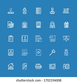 Editable 25 check icons for web and mobile. Set of check included icons line Check list, Stamp, Engine, Test, Warehouse, Dippel oil, Reflex hammer, New file on blue background