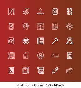 Editable 25 check icons for web and mobile. Set of check included icons line Payment method, Highlighter, Tasks, Clipboard, Stamp, Test, Cheque, Protection, List, Agreement on red