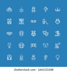 Editable 25 cheerful icons for web and mobile. Set of cheerful included icons line Hot air balloon, Stuffed animal, Bear, Girl, Swing, Mask, Theatre mask, Teddy bear on blue background