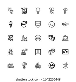 Editable 25 cheerful icons for web and mobile. Set of cheerful included icons line Joy, Mask, Ice cream truck, Hot air balloon, Masks, Swing, Girl, Bear, Theatre mask on white background