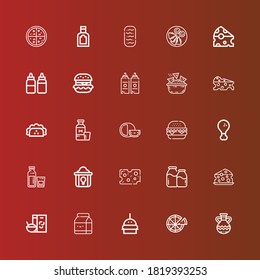 Editable 25 cheese icons for web and mobile. Set of cheese included icons line Jug, Pizza, Burger, Milk, Breakfast, Cheese, Fried chicken, Taco, Nachos, Sauce, Hamburguer on red