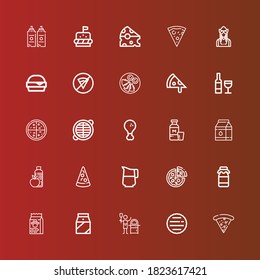 Editable 25 iconos de queso para web y móvil. Conjunto de quesos incluidos íconos línea Pizza, Hamburguesa, Leche, Comida, Jug, pollo frito, Grate, Vino, Quesadilla, Sin comida rápida, Holandés sobre rojo
