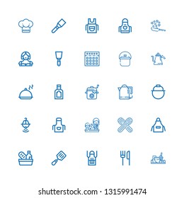Editable 25 chef icons for web and mobile. Set of chef included icons line Cooking, Restaurant, Apron, Spatula, Food, Wooden spoon, Pot, Kettle, Salver, Mixer on white background