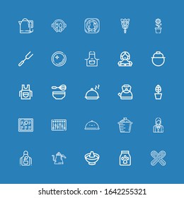 Editable 25 chef icons for web and mobile. Set of chef included icons line Wooden spoon, Food, Hot pot, Kettle, Apron, Waitress, Pot, Tray, Mixer, Menu, Salver on blue background