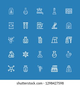 Editable 25 chemical icons for web and mobile. Set of chemical included icons line Recycled Plastic Bag, Test tube, Scientist, Gas, Molecule, Oil, Flask, Graphene on blue background