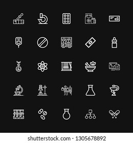 Editable 25 chemistry icons for web and mobile. Set of chemistry included icons line Pill, Structure, Flask, Drugs, Blood sample, Pharmacy, Scientist, Chemical on black background