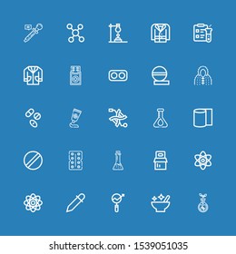 Editable 25 chemistry icons for web and mobile. Set of chemistry included icons line Transgenics, Mortar, Research, Eyedropper, Atom, Pills, Potion, Antibiotic on blue background