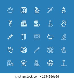 Editable 25 chemistry icons for web and mobile. Set of chemistry included icons line Funnel ball, Radioactive, Vitamin, Nuclear, Medicines, Elixir, Bandage on blue background
