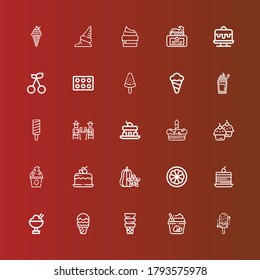 Editable 25 cherry icons for web and mobile. Set of cherry included icons line Ice cream, Cake, Mangosteen, Carambola, Frozen yogurt, Cupcake, Gamblers, Popsicle, Milkshake on red