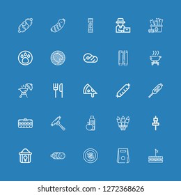 Editable 25 chicken icons for web and mobile. Set of chicken included icons line Sandwich, Take away, Oyster omelette, Salami, Fried chicken, Skewer, Food, Sausage on blue background