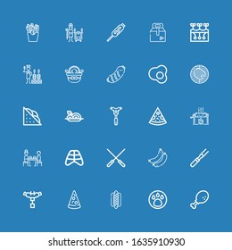 Editable 25 chicken icons for web and mobile. Set of chicken included icons line Chicken leg, Animal, Hotdog, Pizza, Sausage, Meat, Sausages, Skewers, Ribs on blue background