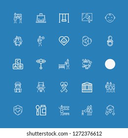 Editable 25 child icons for web and mobile. Set of child included icons line Charity, Parenthood, Changing room, Baby food, Family, Carousel, Cosplayer, Girl on blue background