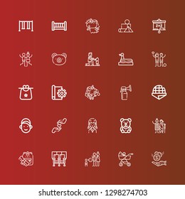 Editable 25 child icons for web and mobile. Set of child included icons line Donation, Baby carriage, Parenthood, Seats, Backpack, Charity, Teddy bear, Girl, Stroopwafel on red