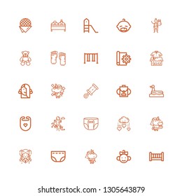 Editable 25 child icons for web and mobile. Set of child included icons line Crib, Baby, Unicorn, Diaper, Girl, Charity, Jumping, Bib, Duck, Backpack, Rattle on white background