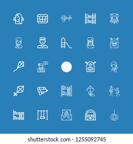 Editable 25 children icons for web and mobile. Set of children included icons line Swing, Sloth, Birthday invitation, Bunk bed, Uncle, Kite, Water gun, Girl on blue background