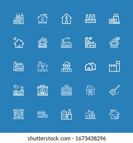 Editable 25 chimney icons for web and mobile. Set of chimney included icons line House, Factory, Fireplace, Sweep, Houses on blue background