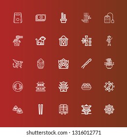 Editable 25 chinese icons for web and mobile. Set of chinese included icons line Dharma wheel, Pagoda, Tofu, Chopsticks, Zongzi, Taoism, Takoyaki, Dojo, Peking duck, Noodle on red