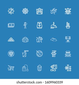 Editable 25 chinese icons for web and mobile. Set of chinese included icons line Bamboo, Martial arts, Rice, Tea bag, Dragon, Dojo, Sour soup, Noodles, Tofu on blue background