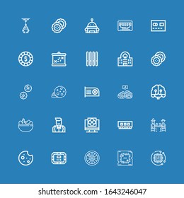 Editable 25 chip icons for web and mobile. Set of chip included icons line Technology, Processor, Roulette, Poker table, Cookie, Gamblers, Ram, Artificial intelligence on blue background