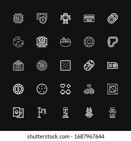 Editable 25 chip icons for web and mobile. Set of chip included icons line Cookies, Robot, Robotics, Industrial robot, Chips, Processor, Neural, Poker, Cookie on black background
