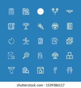 Editable 25 choice icons for web and mobile. Set of choice included icons line Check in, Crossing, Like, Clipboard, Choice, Dice, Balance, Proposal, Favorites on blue background