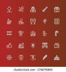 Editable 25 christmas icons for web and mobile. Set of christmas included icons line Candle, Fireworks, Present, Gift, Garlands, Trees, Gifts, Candy cane, Christmas party on red
