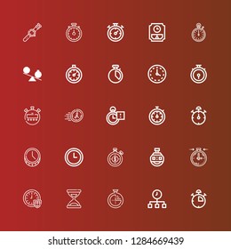 Editable 25 chronometer icons for web and mobile. Set of chronometer included icons line Stop watch, Time, Timer, Stopclock, Stopwatch, Wall clock, Chronometer, Watch on red