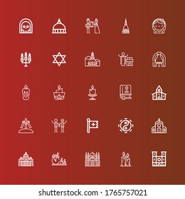 Editable 25 church icons for web and mobile. Set of church included icons line Notre dame, Candles, Hagia sophia, Candle, Vaticano, Church, Taoism, Christian, Wedding, Calvary on red