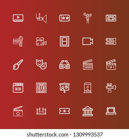 Editable 25 cinema icons for web and mobile. Set of cinema included icons line Stage, Theater, Ticket, Red carpet, Clapperboard, Video, Ticket window, Projector, Movie on red