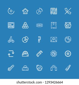 Editable 25 circular icons for web and mobile. Set of circular included icons line Saw, Synchronize, Circular saw, Pie chart, Repeat, Section, Cycling, Aquarium on blue background