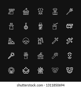 Editable 25 circus icons for web and mobile. Set of circus included icons line Clown, Ferris wheel, Juggling ball, Magic wand, Circus tent, Magic, Wand, Magic hat on black background