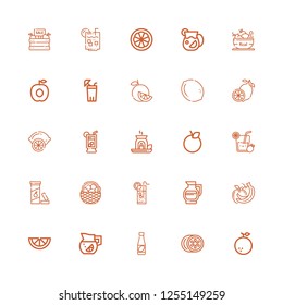 Editable 25 citrus icons for web and mobile. Set of citrus included icons line Orange, Lemon, Juice, Lemonade, Fruits, Fruit, Vitamin c, Essential oil, Apricot on white background