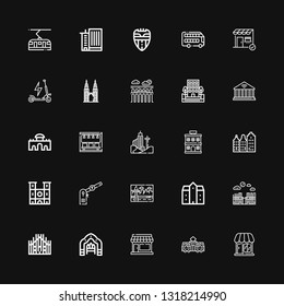 Editable 25 city icons for web and mobile. Set of city included icons line Shop, Tram, Store, Arch, Milan, Merida, Mansion, Cityscape, Parking, Notre dame on black background