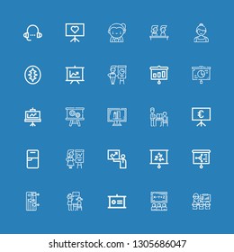Editable 25 class icons for web and mobile. Set of class included icons line Presentation, Class, Lesson, Training, Fridge, Teacher, Online education, Sourdough on blue background