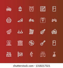 Editable 25 classic icons for web and mobile. Set of classic included icons line Unicycle, Armchair, Guitar, Music store, Drum, Fridge, Mandolin, Vinyl, Museum, Fountain on red