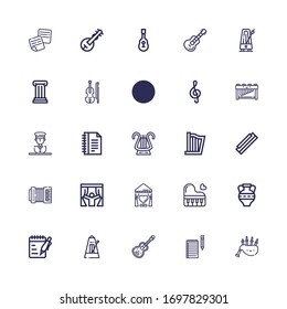 Editable 25 classical icons for web and mobile. Set of classical included icons line Bagpipes, Notes, Guitar, Metronome, Amphora, Piano, Curtain, Curtains on white background