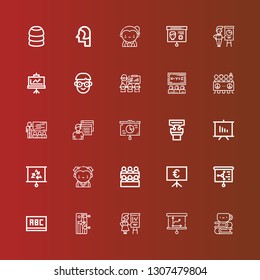 Editable 25 classroom icons for web and mobile. Set of classroom included icons line Homework, Presentation, Training, Blackboard, Classroom, Student, Teacher, Demonstration on red