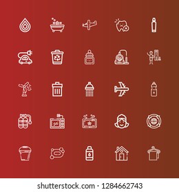 Editable 25 clean icons for web and mobile. Set of clean included icons line Towel, Home, Contact lens, Soap, Bucket, Recycling, Maid, Microwave, Oxygen, Water, Airplane on red