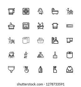 Editable 25 cleaner icons for web and mobile. Set of cleaner included icons line Wipes, Cleaning spray, Detergent, Washing, Dustpan, Tissue, Broom, Towels on white background