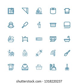 Editable 25 cleaner icons for web and mobile. Set of cleaner included icons line Toilet brush, Dustpan, Wet wipes, Wipes, Towel, Broomstick, Vacuum, Tissues on white background