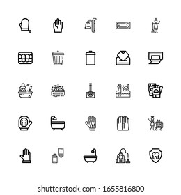 Editable 25 cleaning icons for web and mobile. Set of cleaning included icons line Dental, Vacuum, Bath, Gloves, Housekeeping, Glove, Toilet brush, Wipes, Garbage on white background