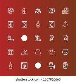 Editable 25 clear icons for web and mobile. Set of clear included icons line Recycling, Machine, Washing machine, Mouthwash, Fish bowl, Rain, Wet wipes, Recycle, Recyclable on red