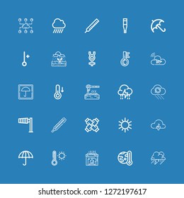 Editable 25 climate icons for web and mobile. Set of climate included icons line Storm, Global warming, Heater, Thermometer, Wet protect, Cloud, Sun, United on blue background