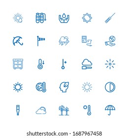 Editable 25 iconos climáticos para web y móvil. Conjunto de iconos del clima incluidos línea de protección húmeda, Temperatura, Viento, Nube solar, Termómetro, Brillo, Sol, Ecología sobre fondo blanco