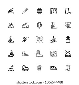 Editable 25 climbing icons for web and mobile. Set of climbing included icons line Boot, Boots, Rope, Climbing, Mountain, Camp, Cliff, Sleeping bag, Stairs on white background