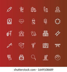 Editable 25 clinic icons for web and mobile. Set of clinic included icons line Injured, Hospital, Enema, Nurse, Blood bag, Stretcher, Veterinary, Dentist, Stethoscope, Syringe on red