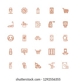 Editable 25 clipart icons for web and mobile. Set of clipart included icons line Dice, Microphone, Car, Spray, Smartphone, Shopping cart, Suitcase, Shy, Hemoglobin on white background