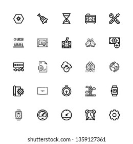 Editable 25 clock icons for web and mobile. Set of clock included icons line Settings, Alarm, Clock, Speedometer, Smartwatch, Big ben, Chronometer, Pillow on white background
