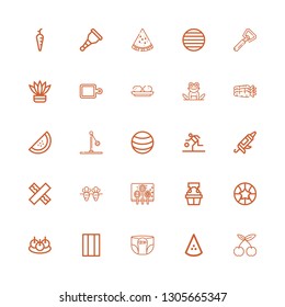 Editable 25 closeup icons for web and mobile. Set of closeup included icons line Cherry, Watermelon, Diaper, Chewing gum, Bitterballen, Basketball, Witness on white background